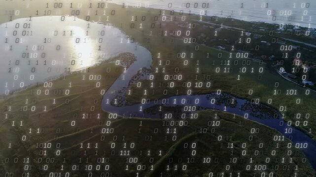 Drone camera tilting starting binary overlay forming over winding tidal channel and lagoon, mapping
