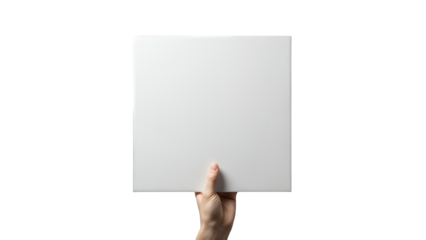 Hand holding blank white sign isolated on transparent background