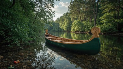 Fototapeta premium A green canoe resting in a calm river surrounded by lush trees and greenery.