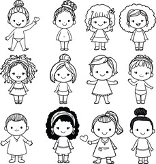 Monochrome Vector Illustration of Cartoon Girls Depicted in Minimalist Style Featuring Unique Hairstyles, Outfits, and Gestures to Represent Childhood Joy, Individuality, and Educational Character 