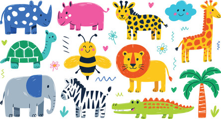 Kids Animal Doodle Set Vector Hand Drawn for Stickers Posters and Education Editable Template. © Raf Digital