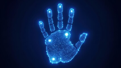 Luminous Blue Digital Handprint with Glowing Nodes and Network Connections Dark