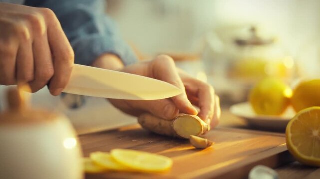 Man's hands skillfully slice a rhizome of fresh ginger, releasing its pungent aroma, on a kitchen cutting board surrounded by lemons and utensils on a sunny day