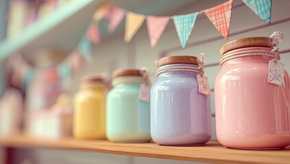 Pastel jars on shelf under pennants in a soft, cozy, inviting shop