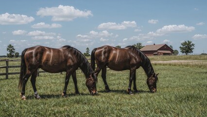 Obraz premium Two brown horses grazing on green field under partly cloudy sky with farm buildings in background.