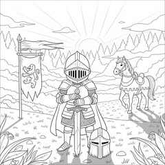 Coloring page depicts a knight with a sword beside a horse, flag, and sun.