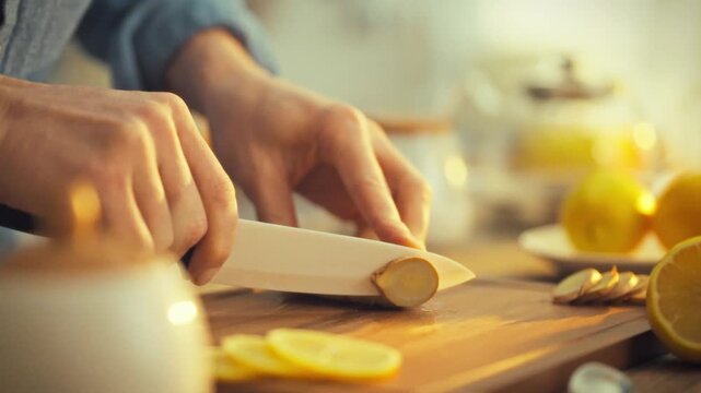 On sunny day, man's hands slice fresh ginger cutting board amidst lemons utensils, releasing its pungency unlocking its vitamins, minerals, healing benefits, showcasing root's natural freshness spice
