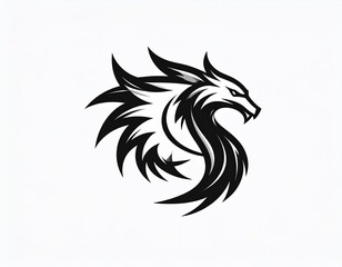 Obraz premium High-quality vector illustration of a fierce dragon head with a sleek, curved serpentine body forming an S-shape, sharp angular spikes, aggressive expression with glowing yellow eyes, bold black 