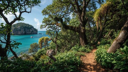 Fototapeta premium Lush jungle path overlooking turquoise sea and cliffs, tropical forest scenery with vibrant foliage, serene coastal landscape, nature, and adventure setting.