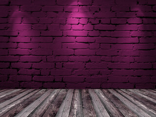 Brick wall with spotlight. Dark purple interior background wooden floor