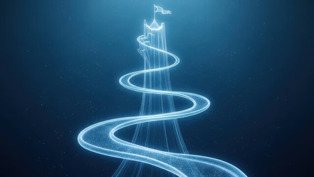 Winding glowing blue digital path leading to a flag a tower against a starry dark