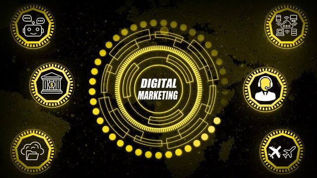 High-energy digital marketing animation presenting promotional performance indicators, online advertising flow, strategic engagement visuals and measurable campaign impact effects