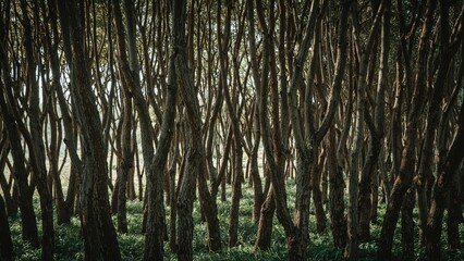 Fototapeta premium Dense forest with numerous trees and green undergrowth, sunlight filtering through the branches. Nature and woodland scene. Forest environment and natural landscape.