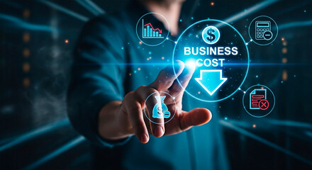 Business cost decreasing concept, financial strategy with a digital technology.