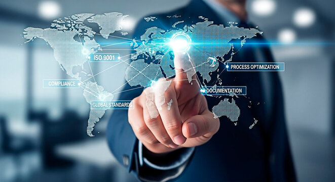 Businessman's hand touching a glowing world map for business and globalization. - Powered by Adobe