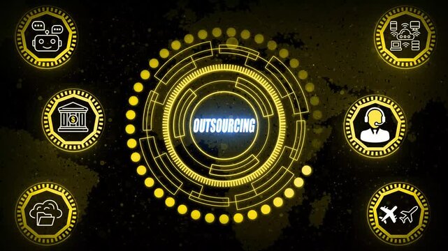 Dynamic outsourcing animation showcasing global talent coordination, workflow delegation, business scalability, remote operations, service management and streamlined enterprise resource utilization