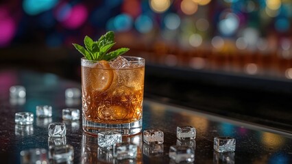 A glass of a mixed drink with mint garnish and ice, on a bar counter with scattered ice cubes, against a blurred colorful background. 2034