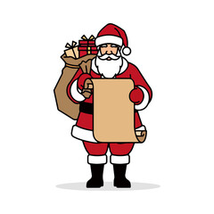 Santa Claus holding a scroll and gift bag.