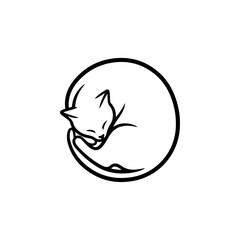 Sleeping curled cat inside circle minimalist illustration.