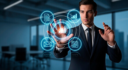 A business man interacts virtual screen concept.