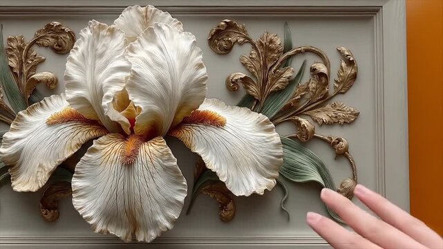 Close up of a decorative iris sculpture in relief with detailed textures