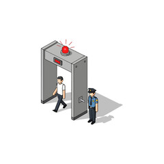Security checkpoint metal detector arch with people.