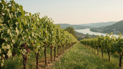 Obraz premium Vineyard rows with lush green grapevines, overlooking a river and distant mountains in the background.