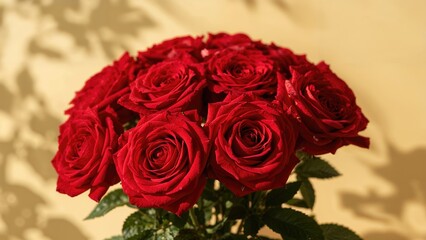 Cluster of red roses with green leaves, arranged in a bouquet, on a beige background.