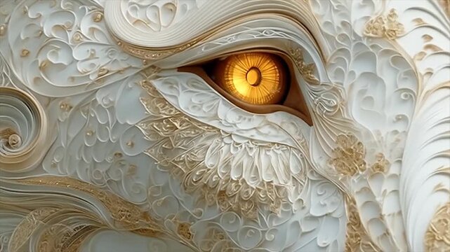 Close up of a decorative lion with a golden eye and intricate textures