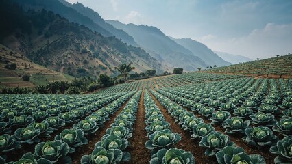 Fototapeta premium A farm with rows of cabbages in a mountainous landscape. Agriculture and farming, rural area, crops cultivation. The concept of sustainable farming and rural development.