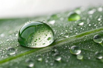 Macro shot of a single dew drop sitting on a textured green leaf, surrounded by tiny droplets. Sharp natural detail and clean fresh aesthetics suitable for eco branding, wellness visuals, and botanica