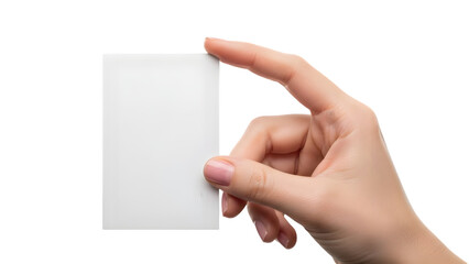 A hand holding a white card isolated on transparent background