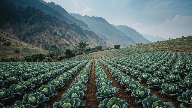 A farm with rows of cabbages in a mountainous landscape. Agriculture and farming, rural area, crops cultivation. The concept of sustainable farming and rural development.