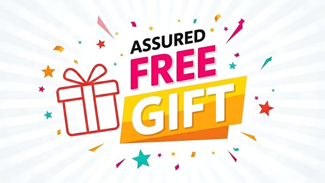 Vibrant Assured Free Gift Promotion Banner Design with Confetti and Wrapped Present Box for Marketing Campaigns and Special Offers