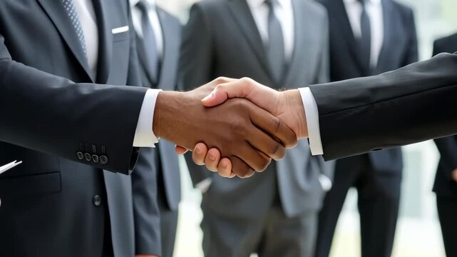 Business people shake hands in office setting during a meeting to finalize a deal on a project in mid-morning hours