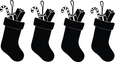 Monochrome Vector Illustration of Festive Christmas Stockings Depicted in Minimalist Silhouettes Featuring Candy Canes and Wrapped Gifts to Represent Holiday Cheer, Seasonal Tradition, and Decorative 