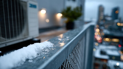 This image presents a snow topped railing with a blurred city background, illustrating the beautiful winter atmosphere and the calmness amid urban life and soft lighting.