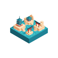 Isometric temple island complex with pagodas and torii gate.