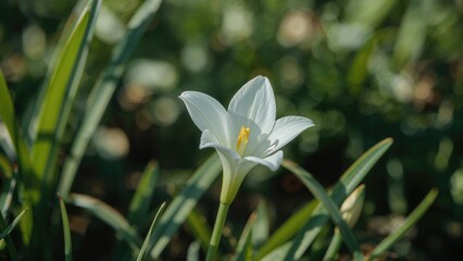 Fototapeta premium White flower in a garden with green leaves and blades of grass.