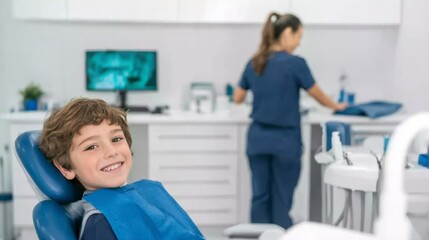 Obraz premium A young boy sits in a dental chair wearing a blue bib and smiling as a dental professional works at a counter in a bright clinic. The space is clean and organized