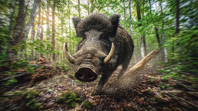 Cinematic scene of a dangerous forest encounter, with a wild boar charging in low-angle dappled light for adventure or thriller themes