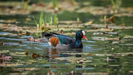 A duck swimming among water lilies and floating debris in a pond or lake. Nature, bird, and aquatic life.