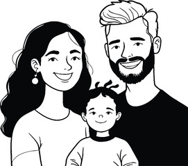 Monochrome Vector Illustration of Smiling Family Unit Featuring Adult Woman, Adult Man, and Young Child Depicted in Minimalist Silhouette to Represent Parental Bonding, Domestic Warmth, and Social 