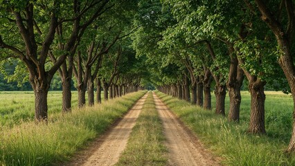 Fototapeta premium Tree-lined dirt road in a green landscape. Nature, countryside, and transportation. The scene of a rural road surrounded by trees and lush grass.