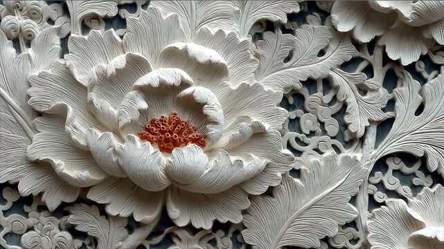 Close up of a detailed white floral relief sculpture design