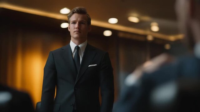 Business director standing before a tense boardroom during a financial crisis presentation &mdash; concept of executive leadership under pressure, strategic resilience, and emotional stability in