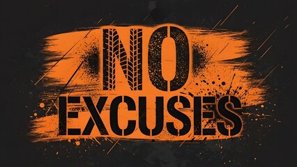 A grunge style illustration with the motivational text 'no excuses' and tire track pattern