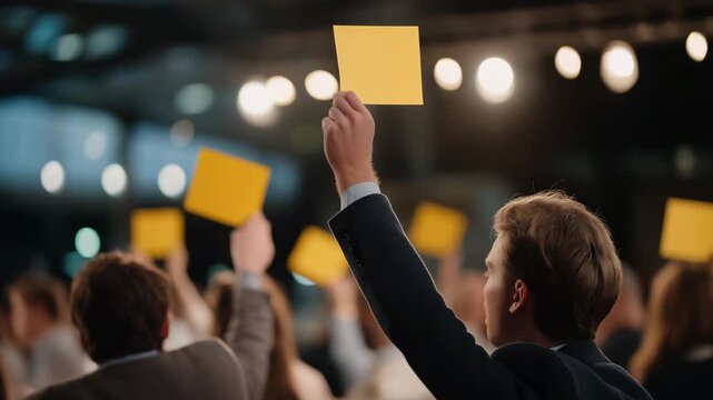 Elegant auction room illuminated by soft golden lighting where bidders raise numbered paddles, their faces tense with anticipation &mdash; concept of luxury auction atmosphere, cinematic storytelling in