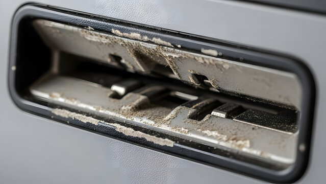 Close-up of a heavily soiled and damaged card reader slot on an old, neglected machine, showing accumulated grime and wear.