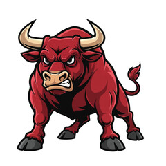 A powerful, angry bull mascot standing in a wide, aggressive stance with a fierce expression is presented as a bold 2D flat vector illustration on a clean white background.